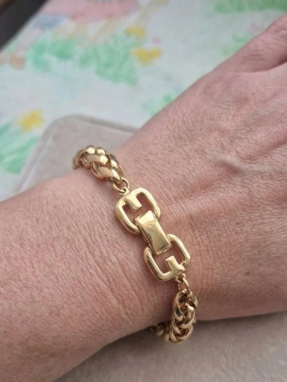 🌙Givenchy Vintage Gold Tone Double Wheat Chain Bracelet G Logo Clasp